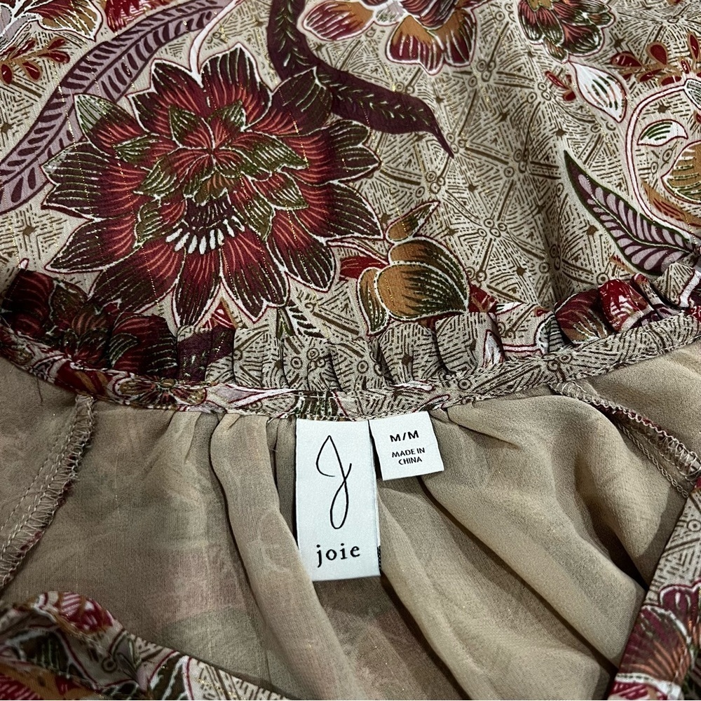 Joie Floral metallic Cap Ruffle Sleeve Size Medium Lined Brown Red Blouse Top - Picture 11 of 11